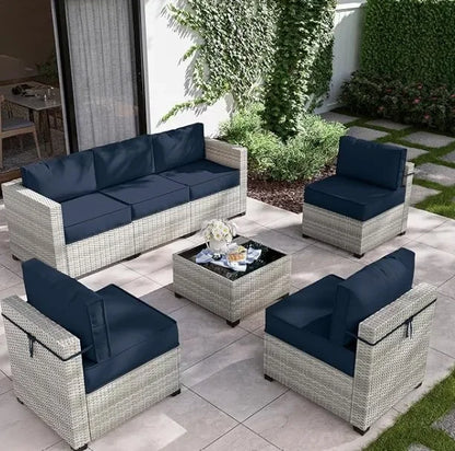 7-Piece Outdoor Patio Furniture Set with High-Resiliency Seat Cushions, Light Grey Gradient Wicker Sectional Sofa