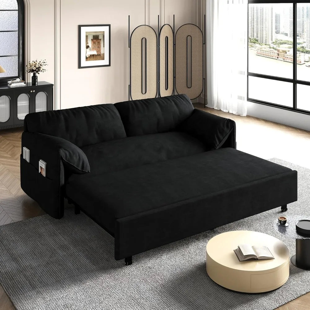 63.8" Queen Pull Out Sofa Bed, Velvet Convertible Sleeper Sofa Couch with Side Storage, Comfy Loveseat Bed Pull Out Couch