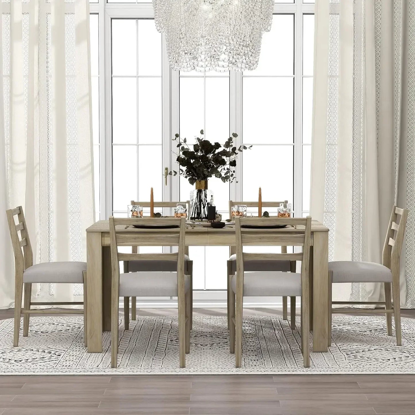 7 Pieces Wooden Dining Table Set Rectangle Extendable Table with 12” Leaf and 2 Drawers, 6 Dining Chairs with Soft Cushion