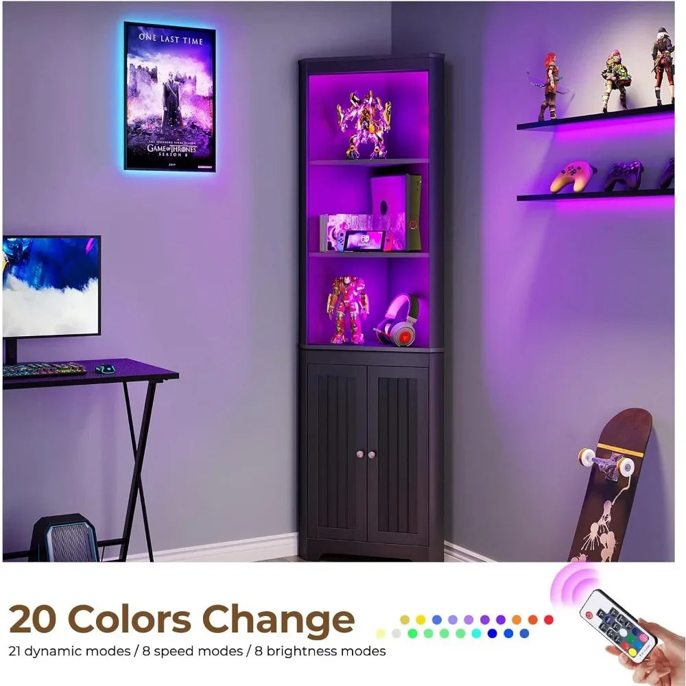 Corner Shelf with LED Light , Storage Cabinet with Doors, Tall Corner Bookshelf Corner Stand for Living Room, Laundry Room