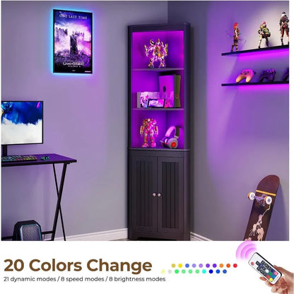 Corner Shelf with LED Light , Storage Cabinet with Doors, Tall Corner Bookshelf Corner Stand for Living Room, Laundry Room