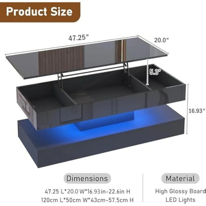 Large Lift Top Coffee Table,Modern High Glossy LED Coffee Tables for Living Room with Storage,Black Living Room Tables