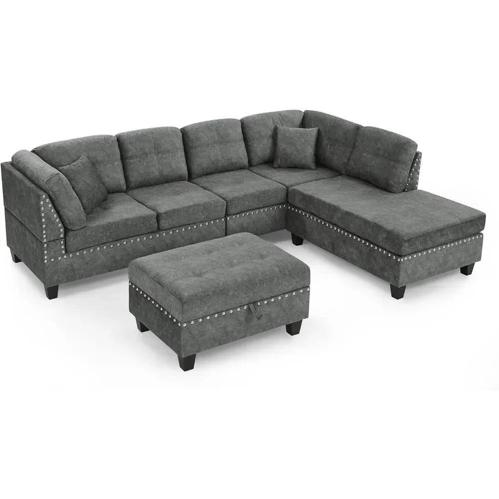 Living Room Furniture Sets,Sectional Sofa with Storage Ottoman,L-Shaped 2 Pillows&Extra Wide Reversible Chaise,Upholstered