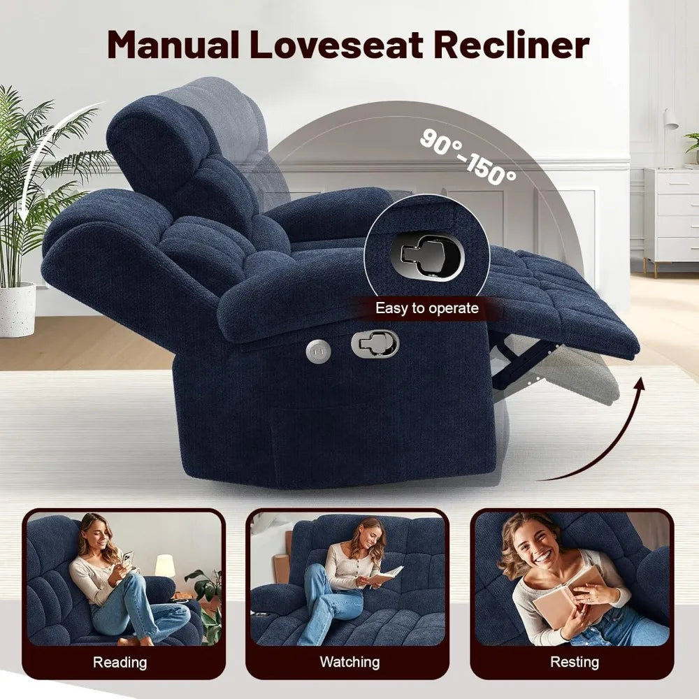 Loveseat Recliner Sofa, 2 Seater Minimalist Style Fabric Manual Pull Tab Reclining Loveseat with USB Charge Ports, Cup Holders