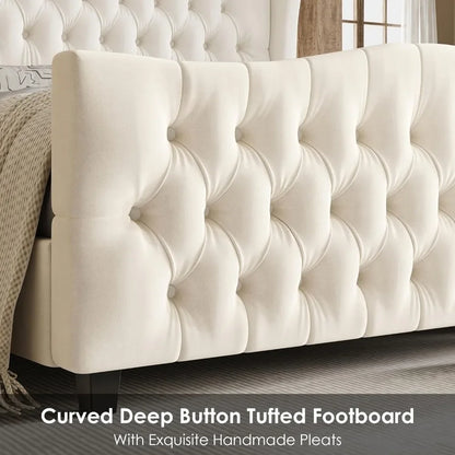 King Bed Frame with Velvet Tufted Wingback Headboard