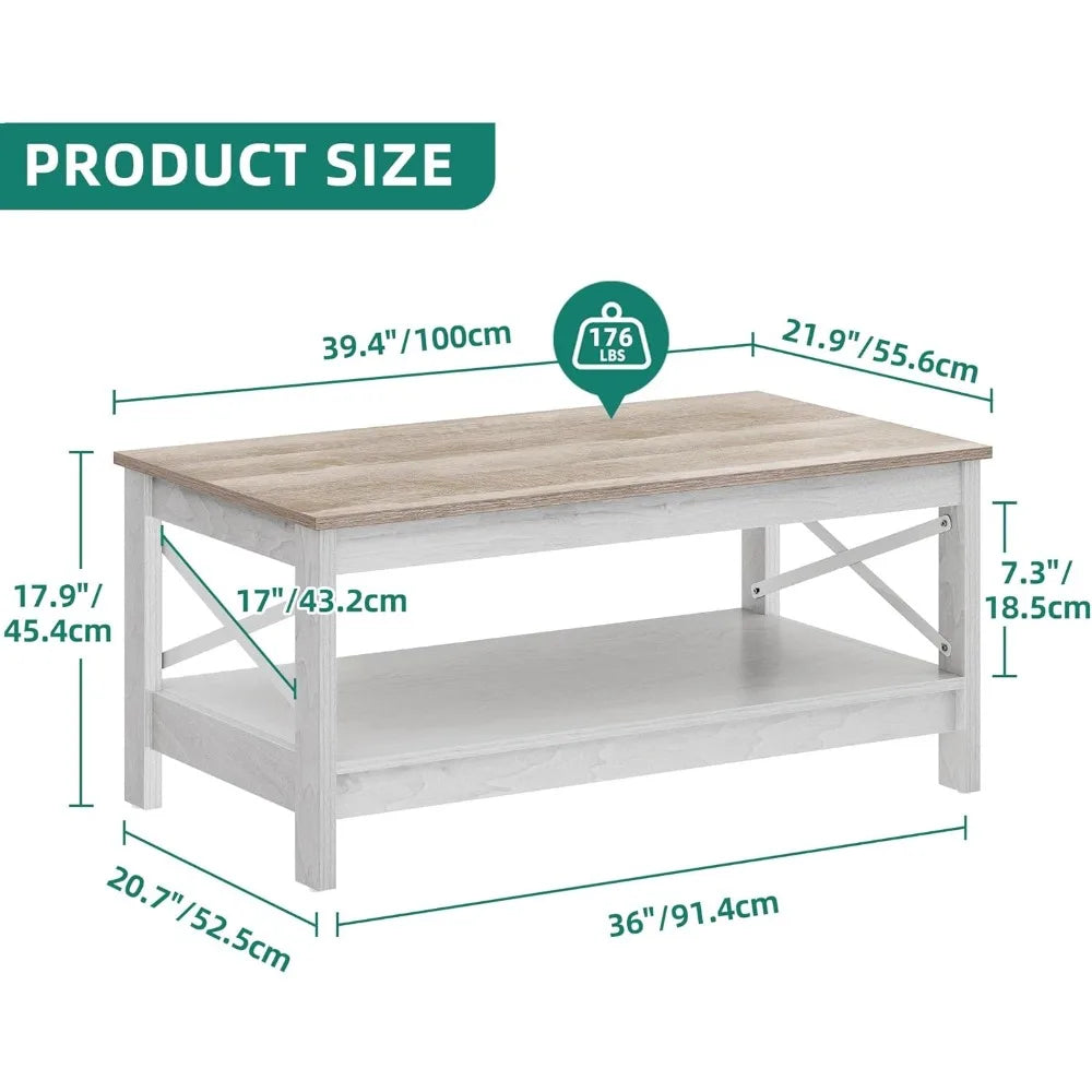 Coffee Table for Living Room,Modern Farmhouse Coffee Table with Storage,2-Tier Center Table for Living Room Wood Living Room