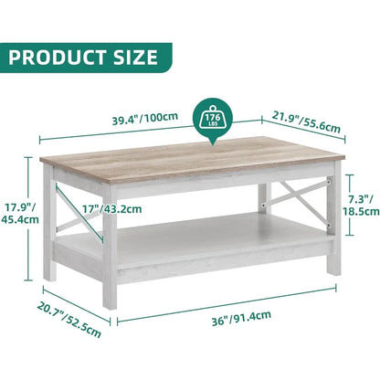 Coffee Table for Living Room,Modern Farmhouse Coffee Table with Storage,2-Tier Center Table for Living Room Wood Living Room