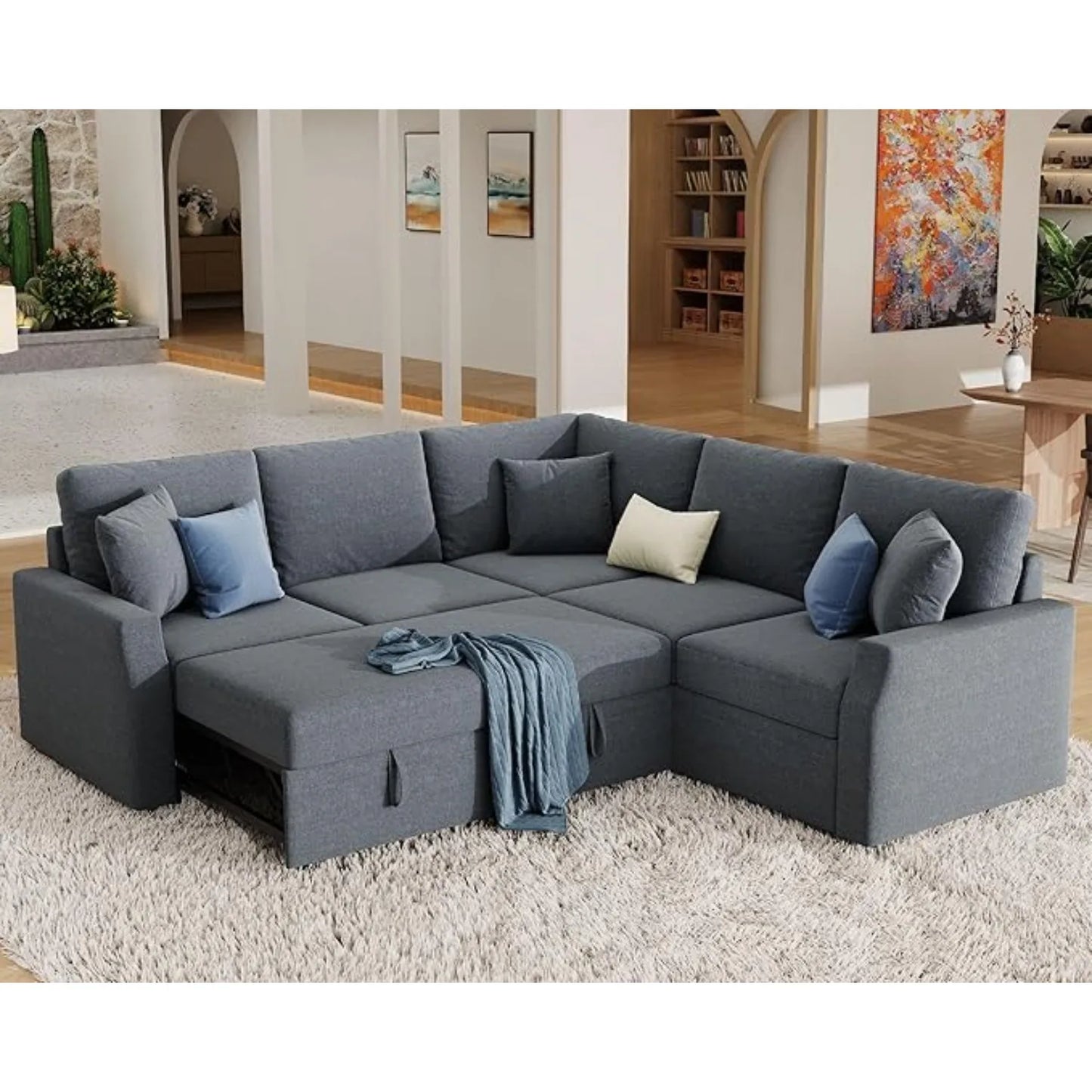 Sofa Bed, 85 In Sleeper Sofa w/ Pull Out Bed & Storage Seat, Oversized L Shape Sectional Sofa, Grey Linen Reversible Couch