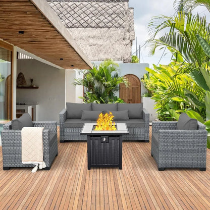 4 Piece Wicker Patio Furniture Sets Outdoor Conversation Set PE Rattan Sectional Sofa Couch with Fire Pit Table and Cushions