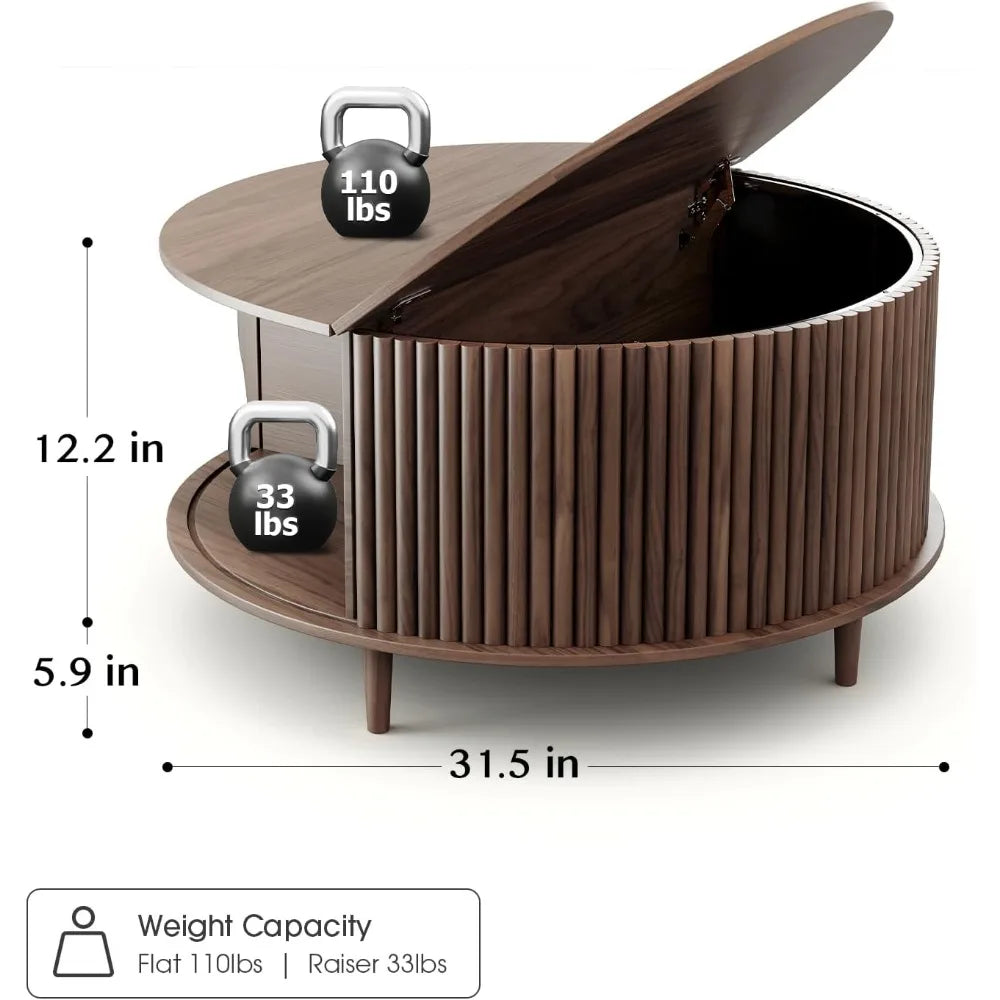 Round Coffee Table with Storage,Mid Century Modern Coffee Table with Sliding Cabinet Door,Coffee Table for Living Room,31.5" Sma