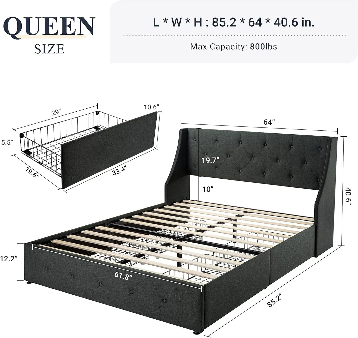 Queen Bed Frame with 4 Storage Drawers and Wingback Headboard Button Tufted Design No Box Spring Needed Dark Grey