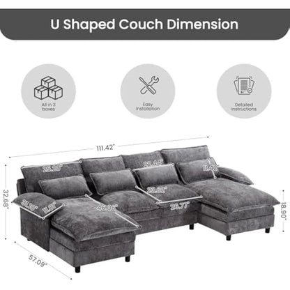 U Shape Cloud Couch, 4 Seats Comfy Sectional Sofa Couches for Living Room, Modular Chenille Sofas with Double Reversible Chaise