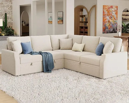 Sofa Bed, 85 In Sleeper Sofa w/ Pull Out Bed & Storage Seat, Oversized L Shape Sectional Sofa, Grey Linen Reversible Couch