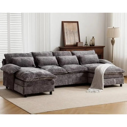 U Shape Cloud Couch, 4 Seats Comfy Sectional Sofa Couches for Living Room, Modular Chenille Sofas with Double Reversible Chaise