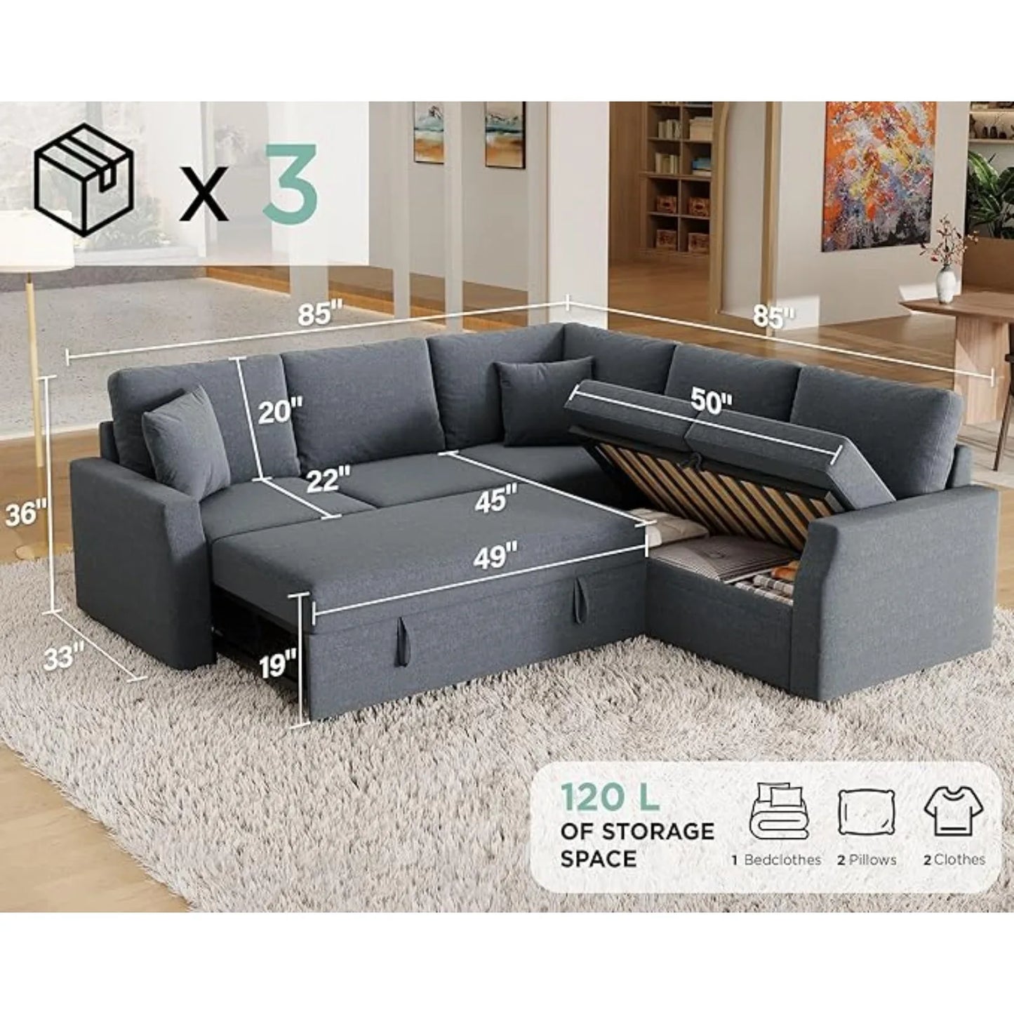 Sofa Bed, 85 In Sleeper Sofa w/ Pull Out Bed & Storage Seat, Oversized L Shape Sectional Sofa, Grey Linen Reversible Couch