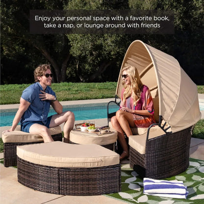 5-Piece Modular Patio Wicker Daybed Set - Adjustable, 2-in-1 Setup