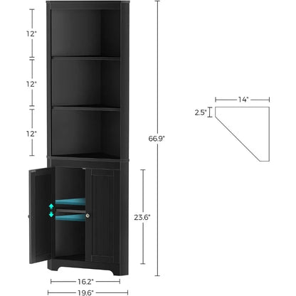 Corner Shelf with LED Light , Storage Cabinet with Doors, Tall Corner Bookshelf Corner Stand for Living Room, Laundry Room