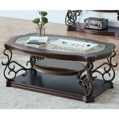 2-Tier Brown Vintage Wooden Coffee Table, Retro Glass Tea Table Top Carved Flower Shaped Table Legs Small Space Apartment Office