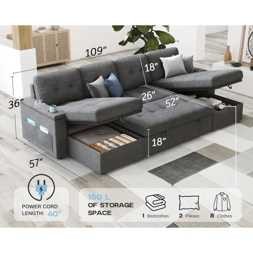 110 Inch Sofa Bed, Sleeper Couch Bed with 2 USB & Cup Holders, Oversized U Shaped Pull Out Couch with Storage Chaise & 3 Seater