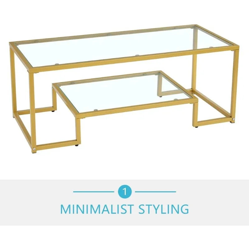 Golden Metal Glass Coffee Table - Two-Tiered with Tempered Glass, Stylish Metal Frame Coffee Table for Bedroom, Dining Room