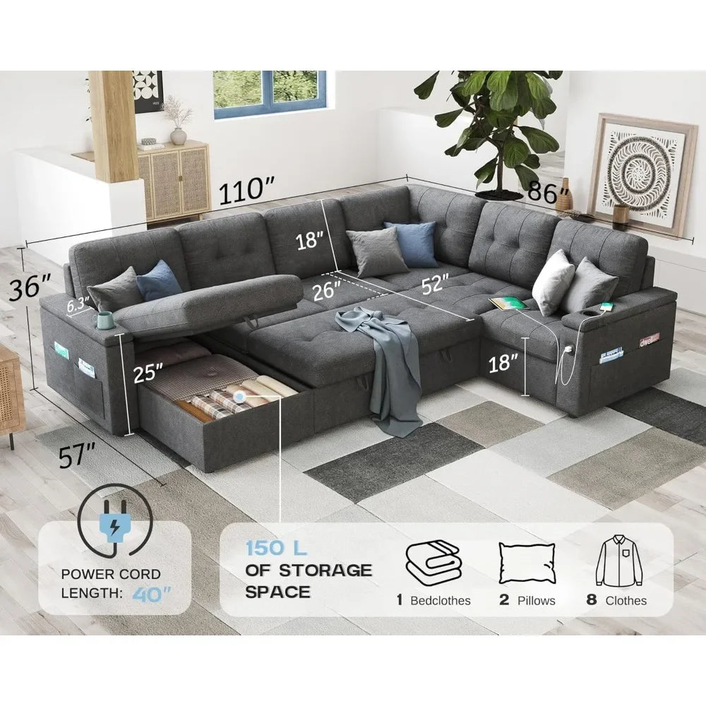 110 Inch Sofa Bed, Sleeper Couch Bed with 2 USB & Cup Holders, Oversized U Shaped Pull Out Couch with Storage Chaise & 3 Seater