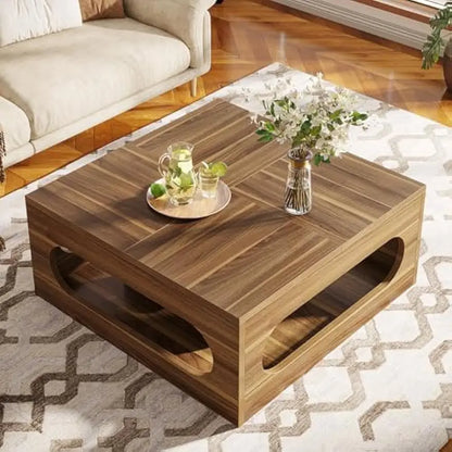 43-Inch Coffee Table with LED Light, Square Coffee Table with Storage, Wood Cocktail Table, Farmhouse Center Table