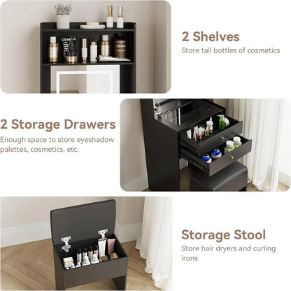 Compact Black Vanity Table with Fold-Up Panel and Storage Chair