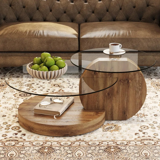 Glass Coffee Table, Modern Round Tempered Glass Coffee Tables for Living Room, 3-Tier Circle Wood Coffee Table