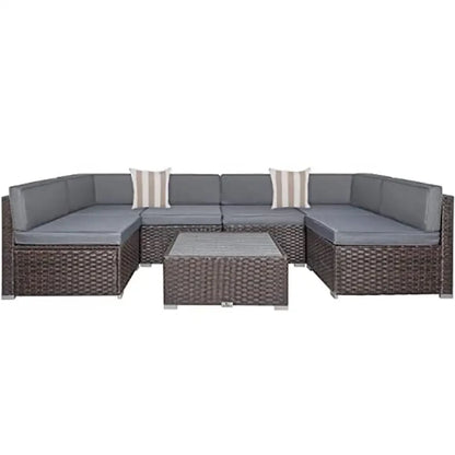 Outdoor Patio Furniture Set 7-Piece PE Rattan Wicker Sofa Sectional with Tea Table and Cushions