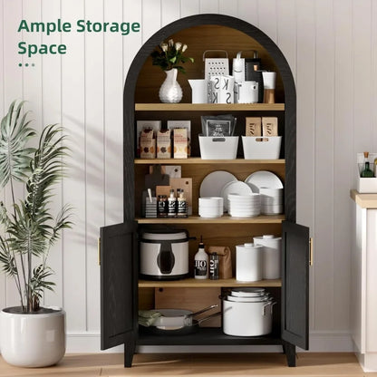 63” Display Cabinet with Beech-Wooden Door, Adjustable Shelf, Anti-Tipping Device, Arched Rattan Storage Display Cabinet