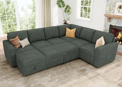 Modular Sectional Sleeper Sofa with Pull Out Bed,Corduroy Sectional CouchOttoman,U Shaped Sectional Couches Living Room,Green