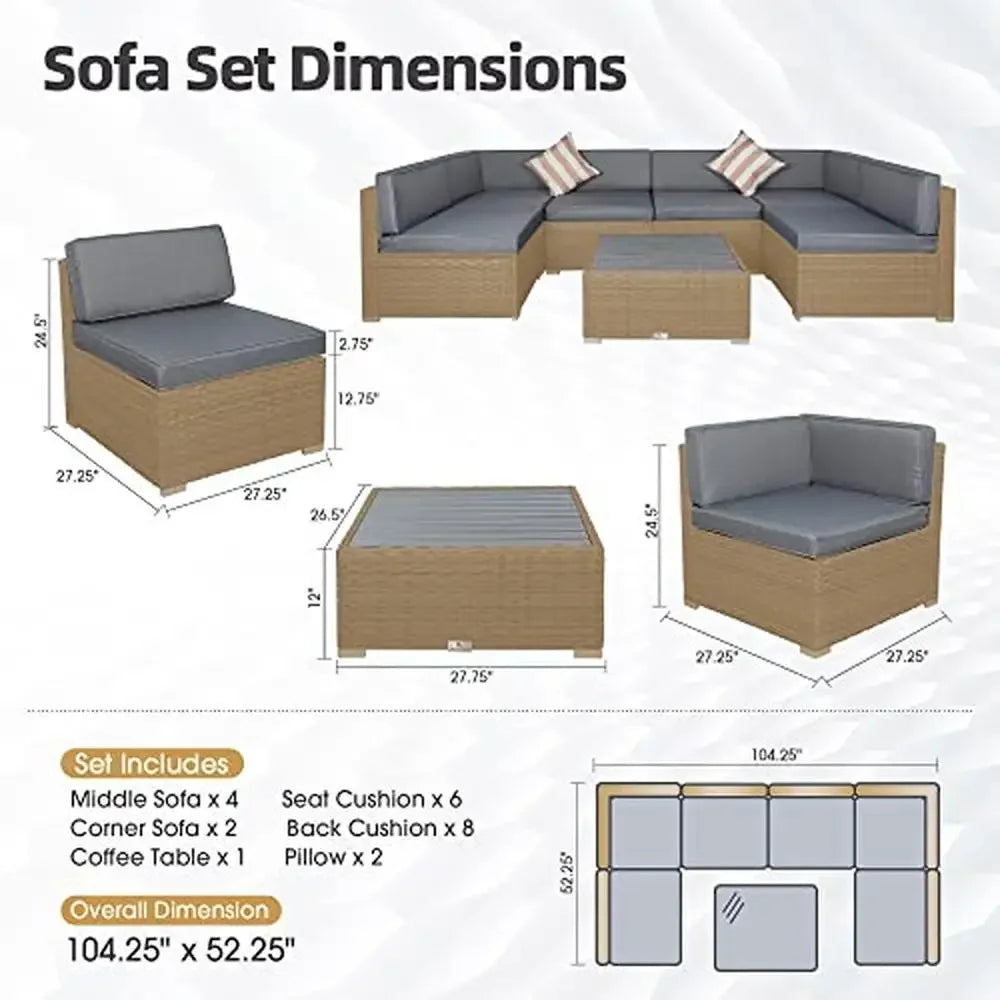 Outdoor Patio Furniture Set 7-Piece PE Rattan Wicker Sofa Sectional with Tea Table and Cushions