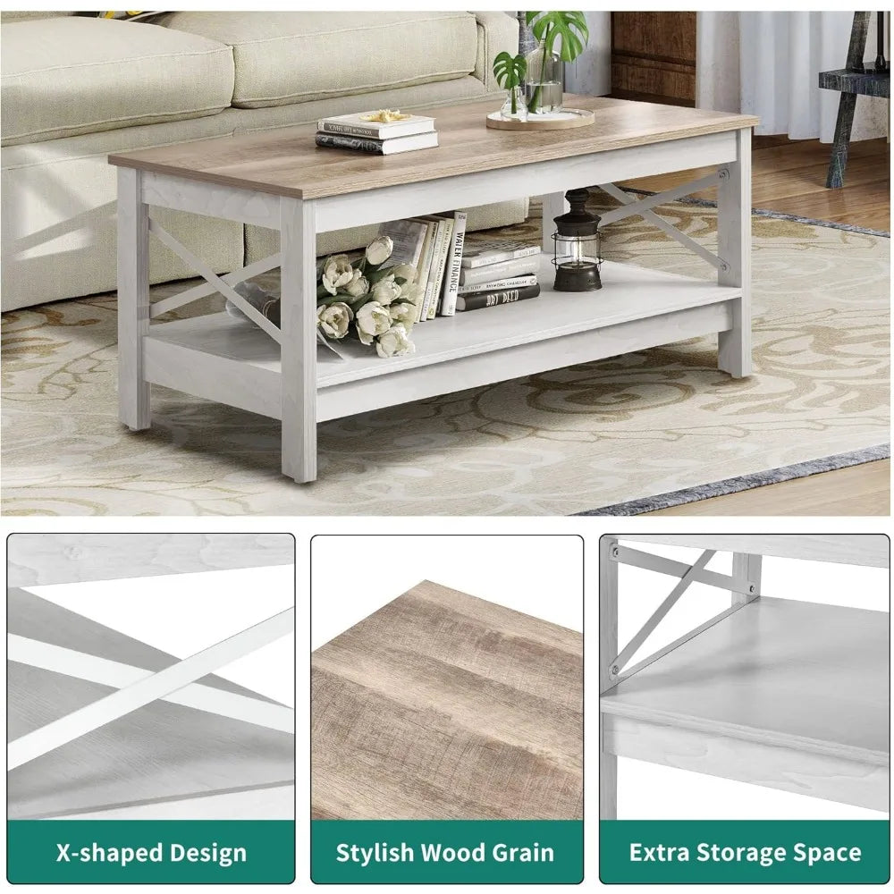 Coffee Table for Living Room,Modern Farmhouse Coffee Table with Storage,2-Tier Center Table for Living Room Wood Living Room