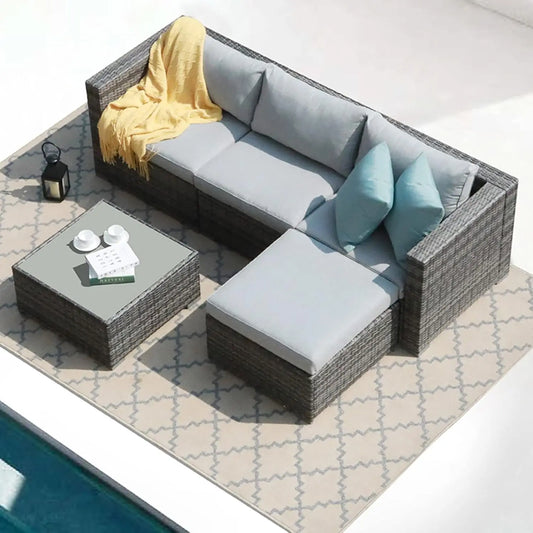 5-Piece Outdoor Patio Set - Grey Wicker & Cushions