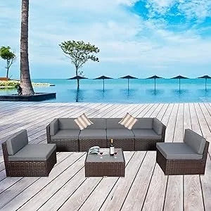 7 Piece Outdoor Patio Furniture Sets with Cushions, Outdoor PE Rattan Wicker Sectional Conversation for Garden, Deck, Poolside