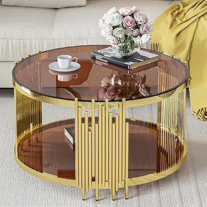 Glass Coffee Table Round Modern Living Room Table, Gold Stainless Steel Metal Leg Clear Tempered Glass, Sofa Center Table