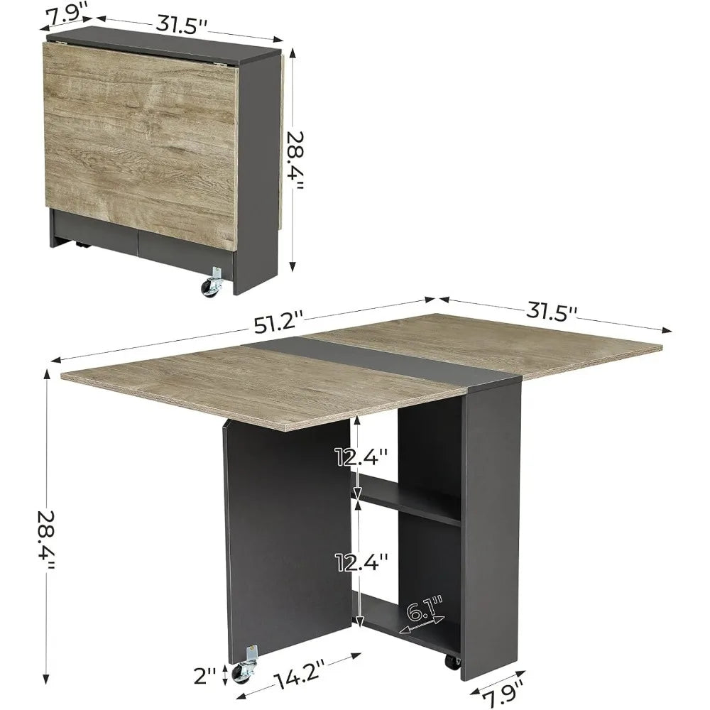 Folding Dining Table with 2 Storage Racks, Drop Leaf Table with 6 Wheels, Multifunction Expandable Table for Kitchen, Bedroom