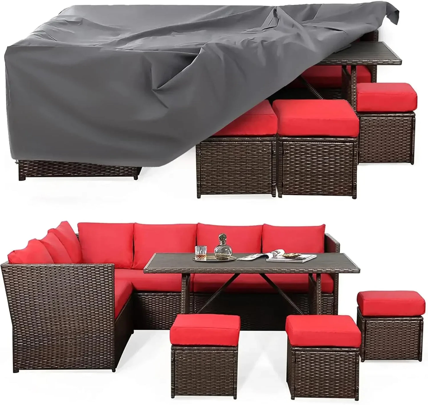 Patio Furniture Set, 7 Pieces Wicker Outdoor Sectional Sofa with High Table and Chairs,   Dining Set with Ottoman for Garden