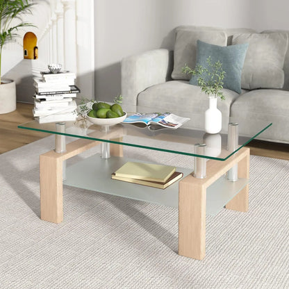 Modern 2-Tier Rectangle Glass Coffee Table for Living Room