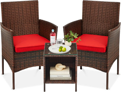 3-Piece Outdoor Wicker Conversation Bistro Set, Space Saving Patio Furniture for Garden w/Side Table - Brown/Red