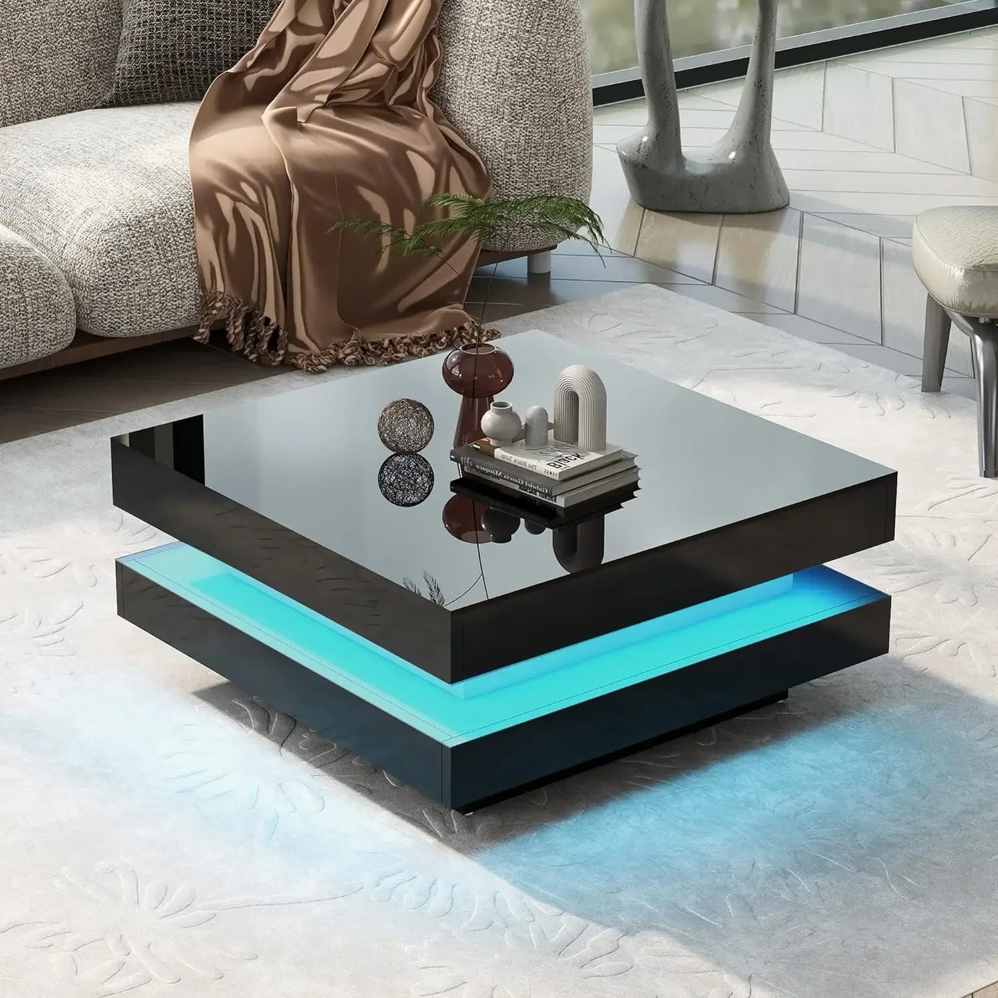 LED Coffee Table for Living Room, 2-Tier Square Center Table, High Gloss Coffee Table with 7-Color Plug-in LED Light