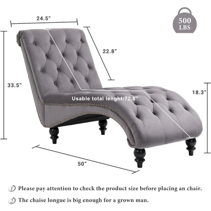 1 - Tufted Chaise Lounge Chair Indoor, Velvet Chaise Lounges with Solid Wood Legs & Support Pillow