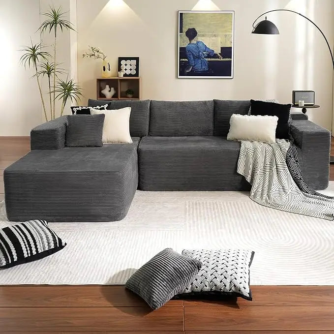 104" Cloud Sectional Couch with L-Shape Chaise Modern Modular Sofa with Deep Seat Upholstered Couches Grey Plush Corduroy Fabric