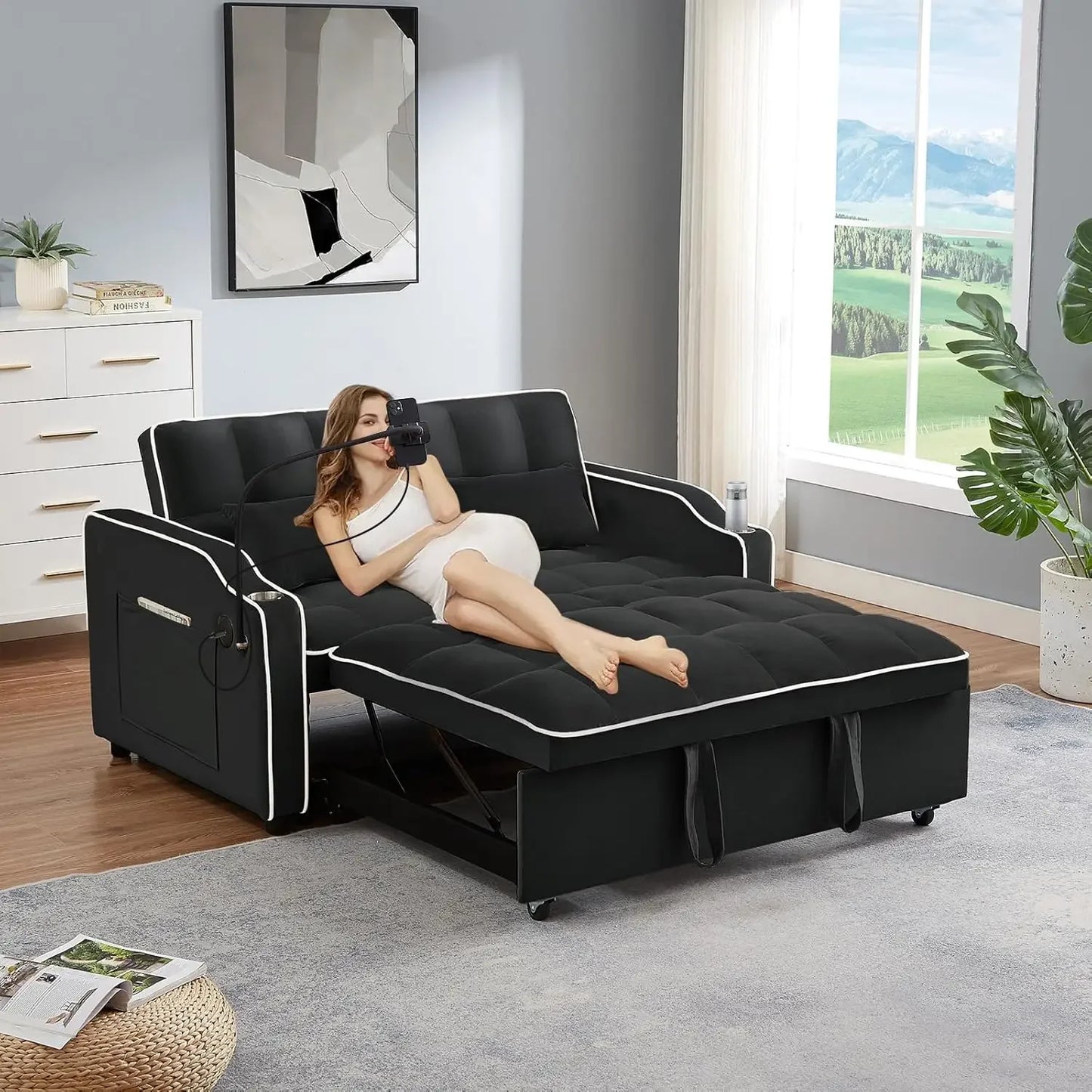 3 in 1 Convertible Sleeper Sofa Bed,Velvet Pull Out Couch Bed w USB&Type C Port,Comfy Futon Loveseat w Adjustable Backrest&Phone