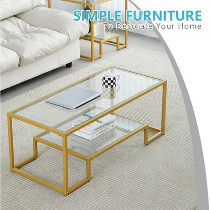 Golden Metal Glass Coffee Table - Two-Tiered with Tempered Glass, Stylish Metal Frame Coffee Table for Bedroom, Dining Room