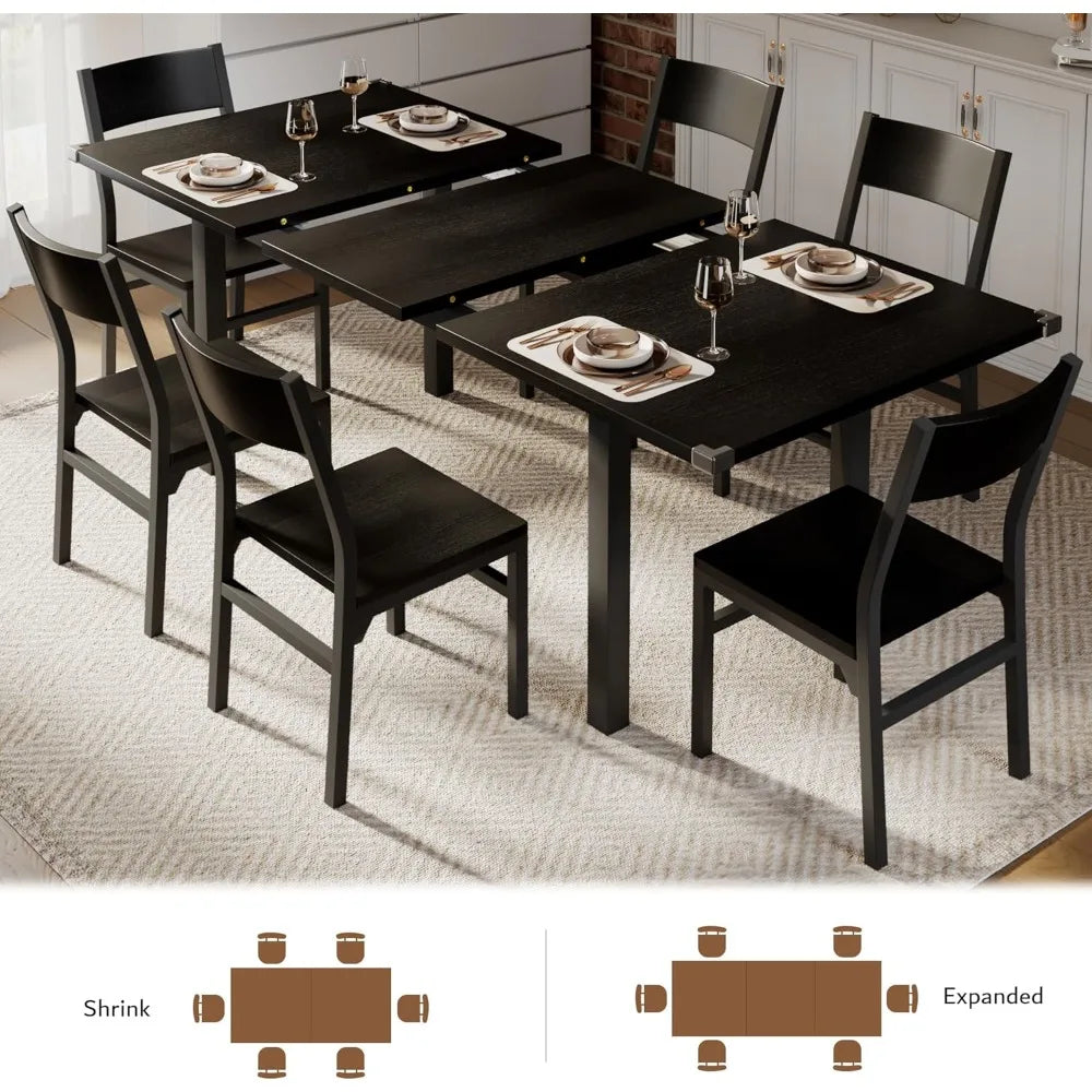 7 Piece Dining Table, Chair Set, 63 Inch Expandable Kitchen Table with 6 Chairs, Metal Frame, MDF Plate, Easy to Assemble