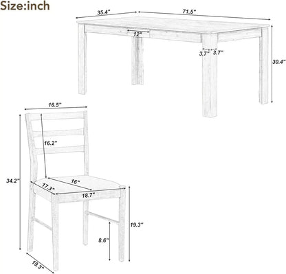 7 Pieces Wooden Dining Table Set Rectangle Extendable Table with 12” Leaf and 2 Drawers, 6 Dining Chairs with Soft Cushion