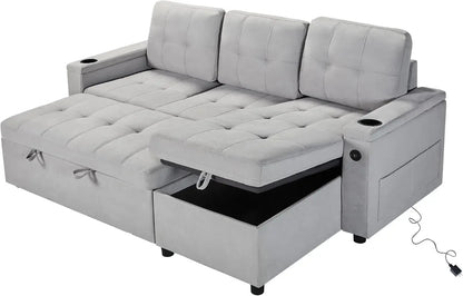 110 Inch Sofa Bed, Sleeper Couch Bed with 2 USB & Cup Holders, Oversized U Shaped Pull Out Couch with Storage Chaise & 3 Seater