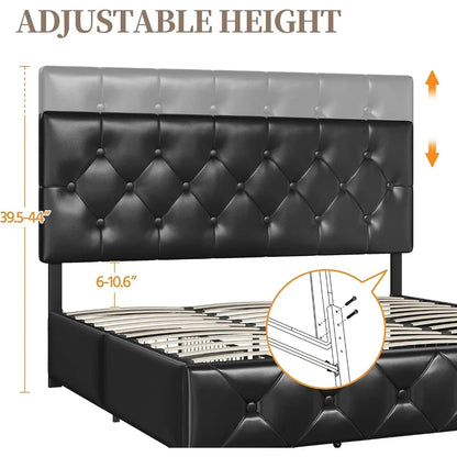 King Size Upholstered Bed Frame with Adjustable Headboard and 4 Drawers