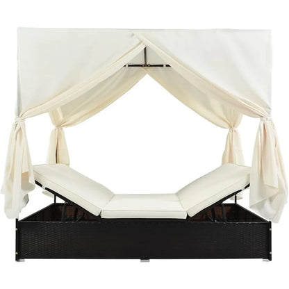 1 - Patio Lounge Sunbed - Rattan Daybed with Retractable Canopy and Curtains